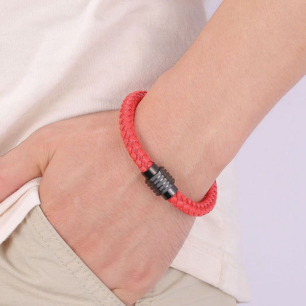 Pulsera de cuerda de cuero trenzado rojo para hombre