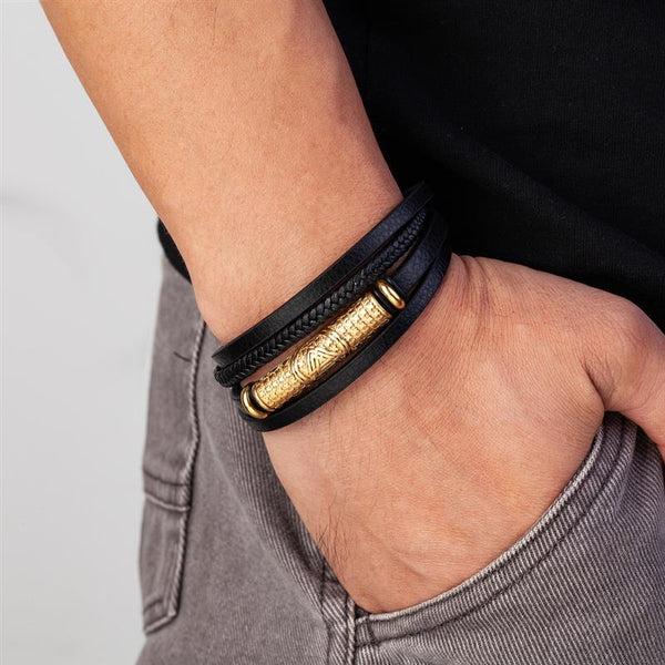 Pulsera de acero inoxidable multicapa con inserto de cuero vikingo