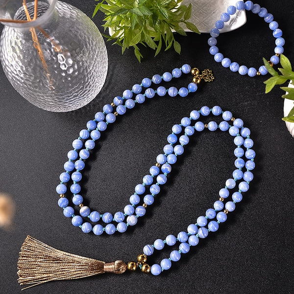 Collar anudado de cuentas de ágata morada de 8 mm para meditación, yoga y bendición, conjunto de joyas de japamala 108