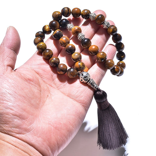 Pulsera islámica musulmana Tasbih de ónix negro, ojo de tigre amarillo, 8 mm/10 mm, 33 cuentas de oración