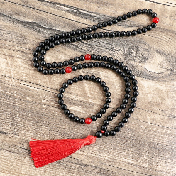 Conjuntos de japamala de ágata roja y ónix negro de piedra natural de 8 mm
