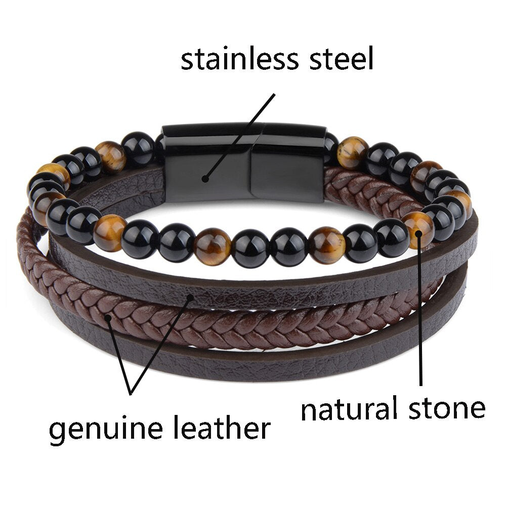 Fashion Natural Stone Beads Bracelet Multilayer Genuine Leather Braided Bracelet