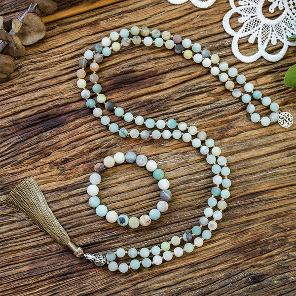 8mm Matte Amazonite Stone Beaded Knotted Necklace 108 Japa Mala Meditation Yoga Tibetan Pendent