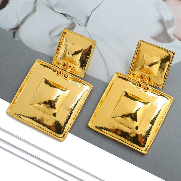 Pendientes colgantes de metal brillante con doble cuadrado de moda para mujer