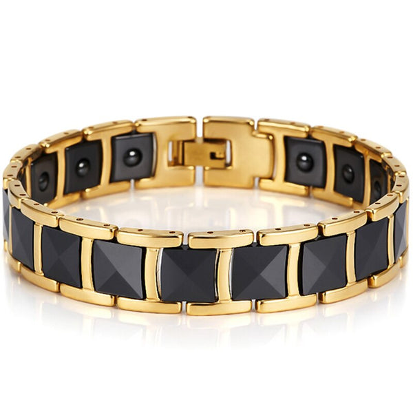 Pulsera magnética de cerámica de acero inoxidable chapada en oro de lujo para hombres.