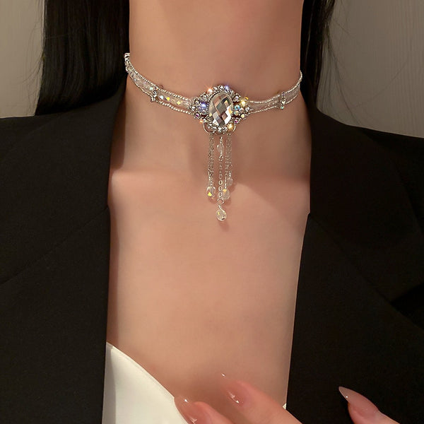 Korean style White Oval Crystal Choker Necklaces for Women Long Tassel Pendant Necklaces