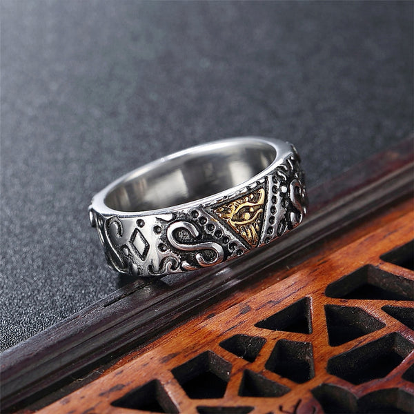 Anillo masónico triangular retro con el ojo que todo lo ve para hombres y mujeres