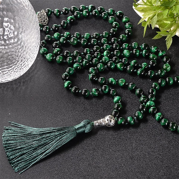 8mm Natural Green Tiger Eye Knotted Beaded 108 Japamala Necklace
