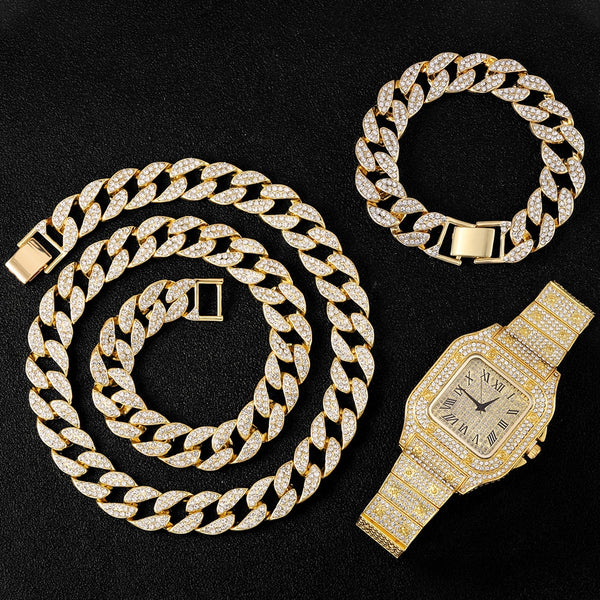 Collar + Reloj + Pulsera Hip Hop Miami Curb Cadena Cubana