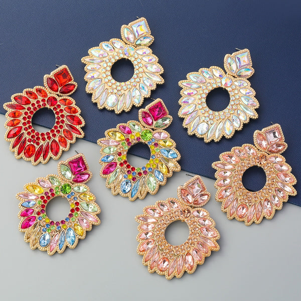 Pendientes de flores geométricas de color metal con diamantes de imitación para mujer
