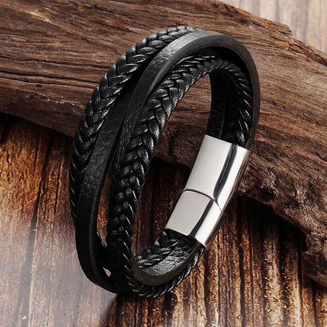 Fashion Simple Design Multilayer Leather Rope Hand Woven Magnet Bracele