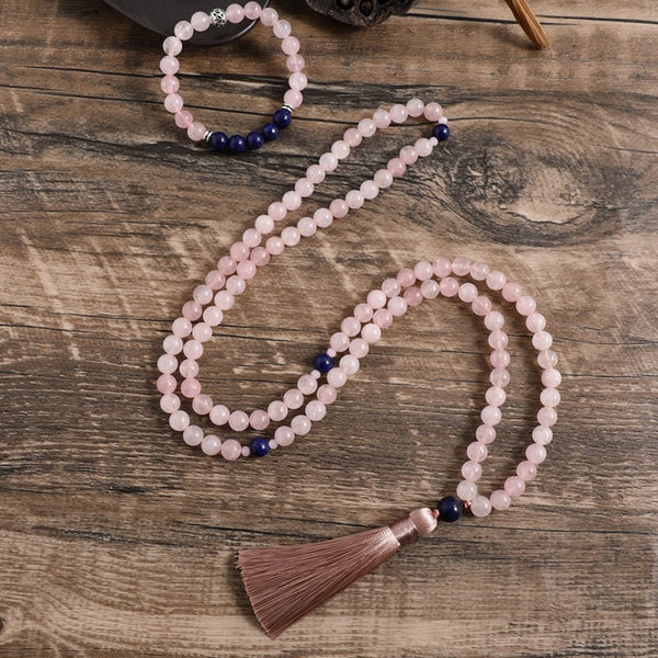 Conjunto de collar de lapislázuli de cuarzo rosa natural de 8 mm con 108 cuentas