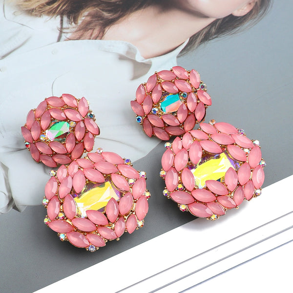 Pendientes colgantes dobles redondos rosas con dije para mujer