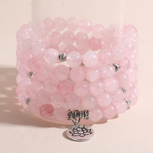 Pulsera elástica de 8 mm con cuentas de cuarzo rosa 108 Mala, ideal para yoga y oración.