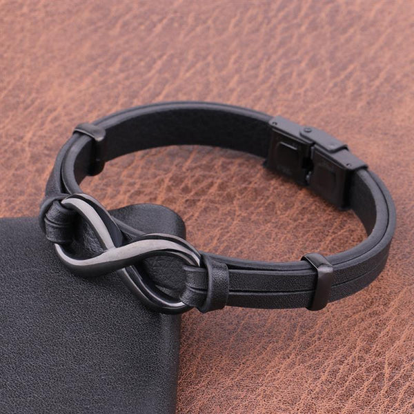 Pulsera de cuero de moda con logotipo infinito, pulsera de acero inoxidable para hombre