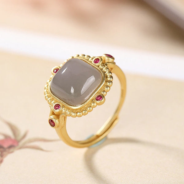 New silver inlaid with natural Hetian jade Ruby Ring