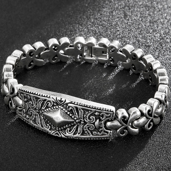 Pulseras vintage de acero inoxidable para hombre, pulsera de cadena color plata antigua.