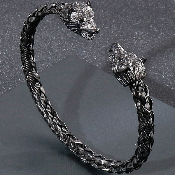 Pulsera de hombre con cabeza de lobo, de acero inoxidable con baño de pistola negra, trenzada, tipo brazalete.