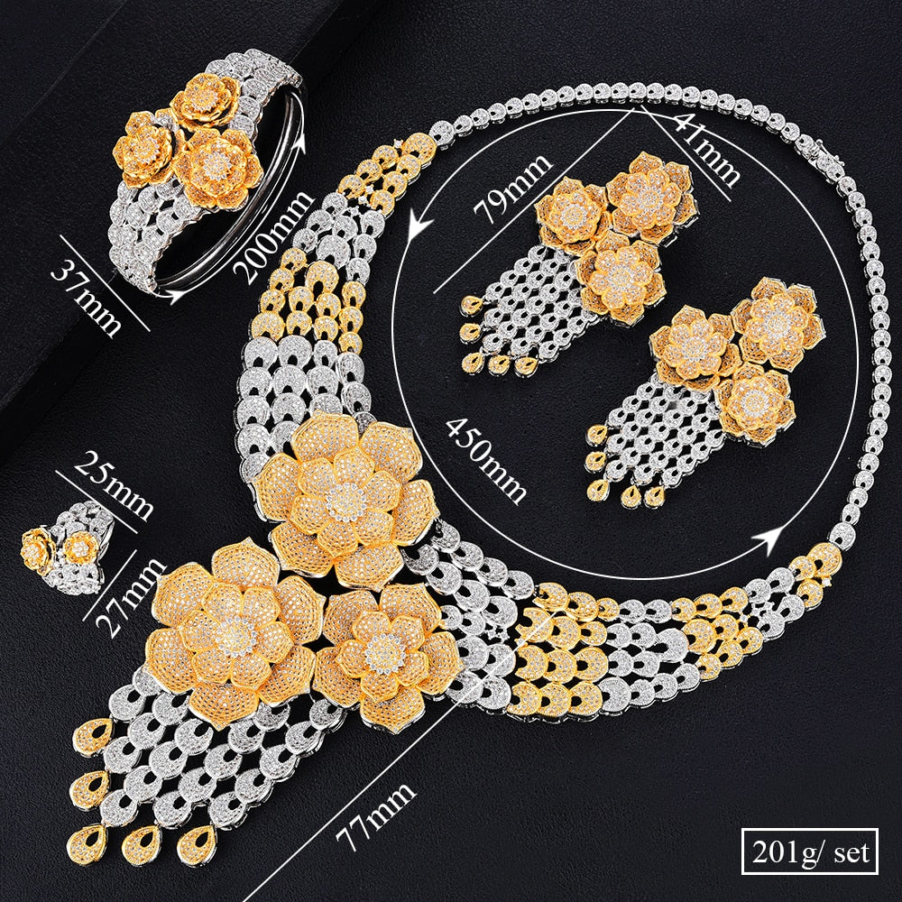Super Luxury Tassel Drop Rose Flower Boom Full Micro  Necklace Earring Jewelry Set