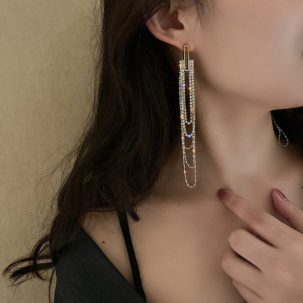 Pendientes largos con borlas y diamantes de imitación para mujer, bisutería, pendientes geométricos colgantes de cristal.