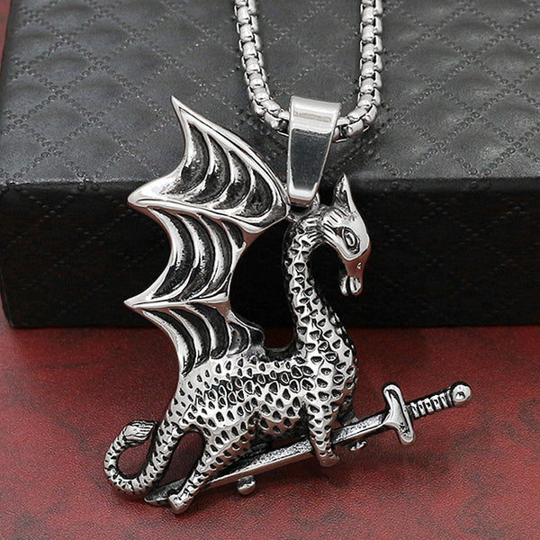 Collar vintage de acero inoxidable con colgante de dragón volador vikingo para hombre