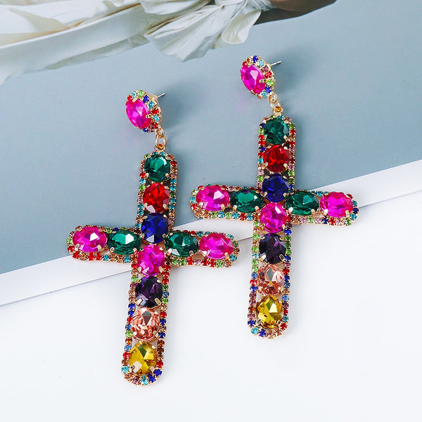 Pendientes largos retro con cruz de diamantes de imitación para mujer