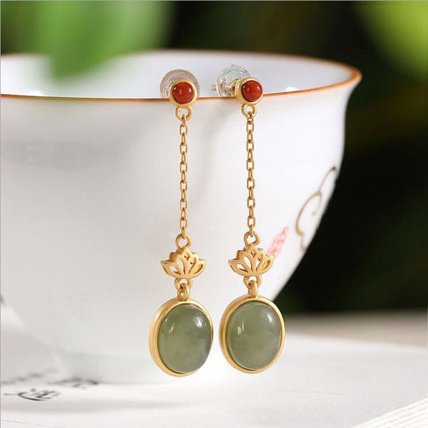 Pendientes largos de loto ovalados de jade hetiano natural, elaborados en oro
