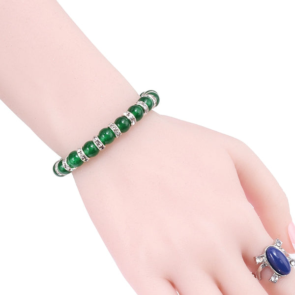 Pulsera elástica vintage de cuentas de 8 mm con piedras naturales, calcedonia verde y diamantes de imitación.