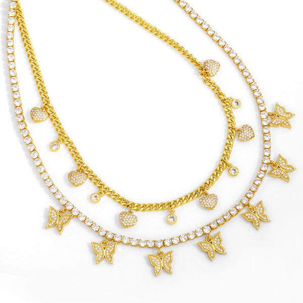 CZ Rhinestone Butterfly Necklaces for Women Copper Gold Curb Link Chain Heart Necklace