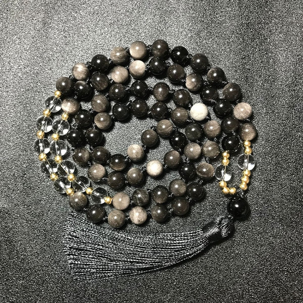 Collar anudado con cuentas de cuarzo transparente de obsidiana de 8 mm para meditación y yoga.