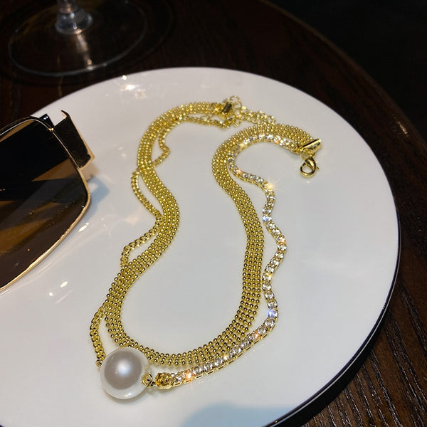 Golden Double Layer Crystal Chokers Necklaces for Women Pearl Necklaces