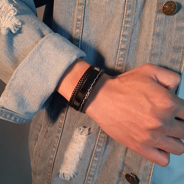 Pulseras de cuero para hombre, brazalete trenzado en capas de acero inoxidable brillante