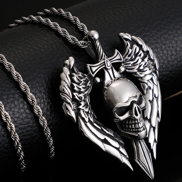 Punk Rock 316L Stainless Steel Winged Skull Pendant Necklace For Men