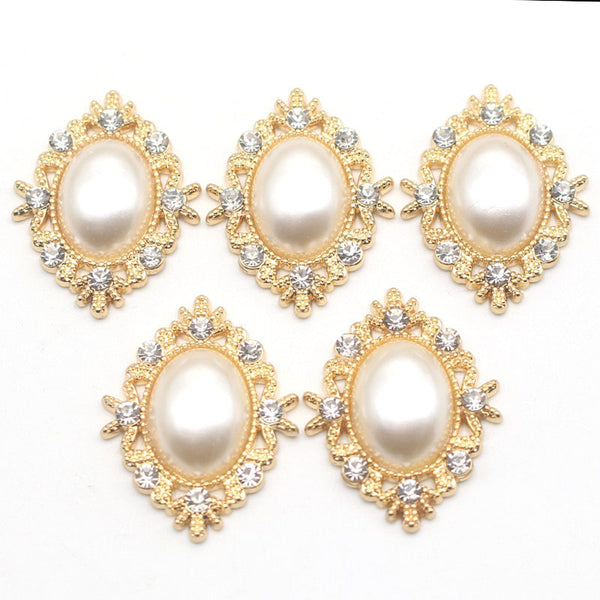 Lote de 10 botones planos de costura con diamantes de imitación de perlas ovaladas de aleación de 25x33 mm, accesorios hechos a mano para bricolaje.