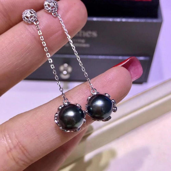 8mm Round Tahiti Black Natural Ocean Pearls Earrings