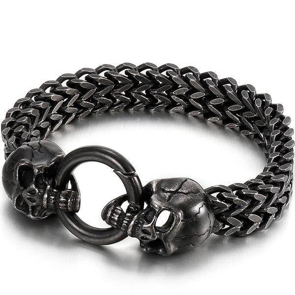 Pulseras para hombre de acero inoxidable negro macizo con calavera gótica, león y cabeza de lobo