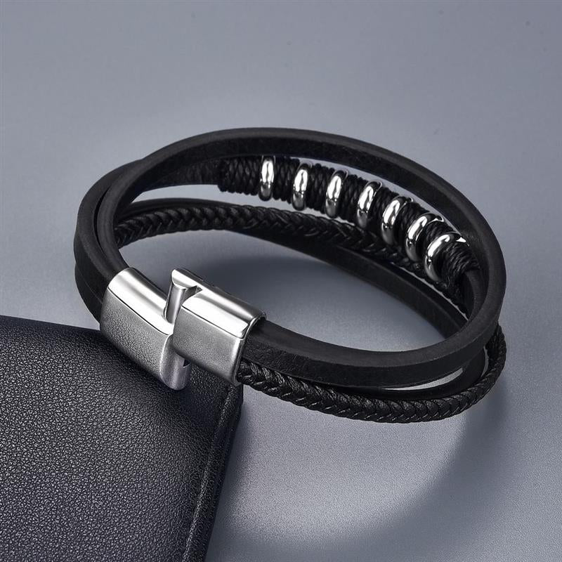 New Winding Stainless Steel Men Genuine Leather Bracelet