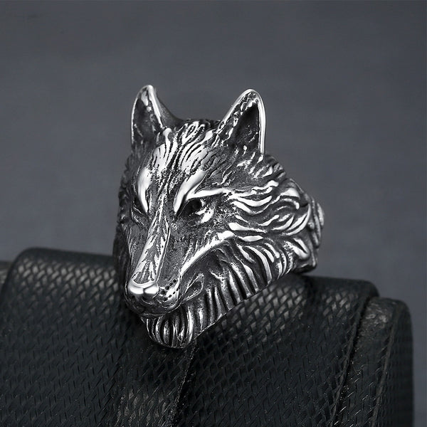 Anillo de acero inoxidable vintage con cabeza de lobo vikingo para hombre, estilo punk rock y motero.