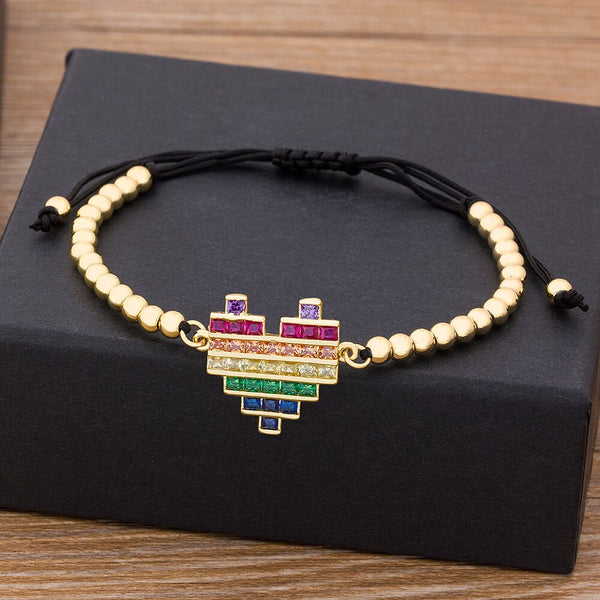 Pulsera tejida con cuentas de circón y cobre en forma de corazón para mujer