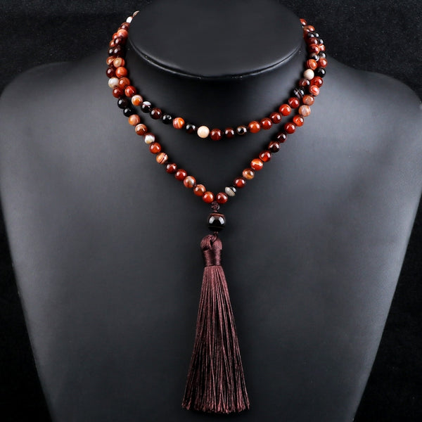 Collares con borlas de cuentas Mala 108 para mujer, ágata rayada natural, piedra de ónix, collares vintage