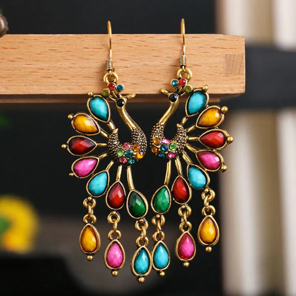 Pendientes vintage bohemios de pavo real para mujer