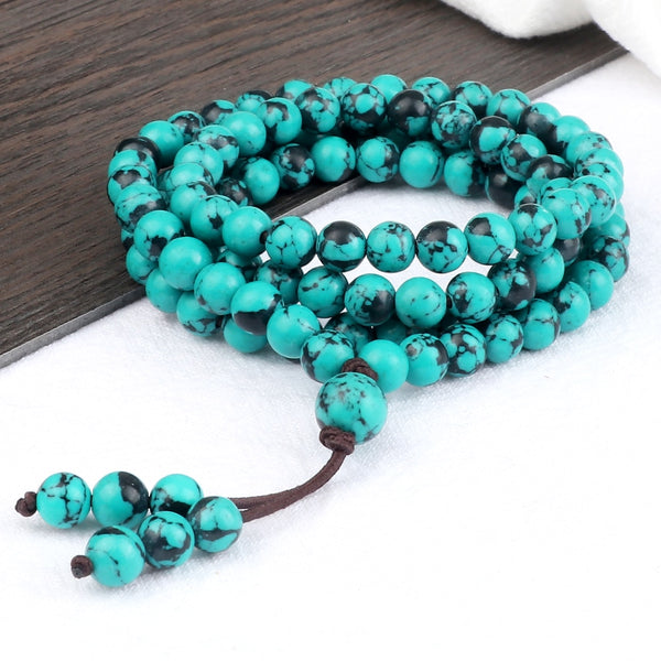 Collar con cuentas de piedra natural de pino azul de 6 mm para mujer y hombre.