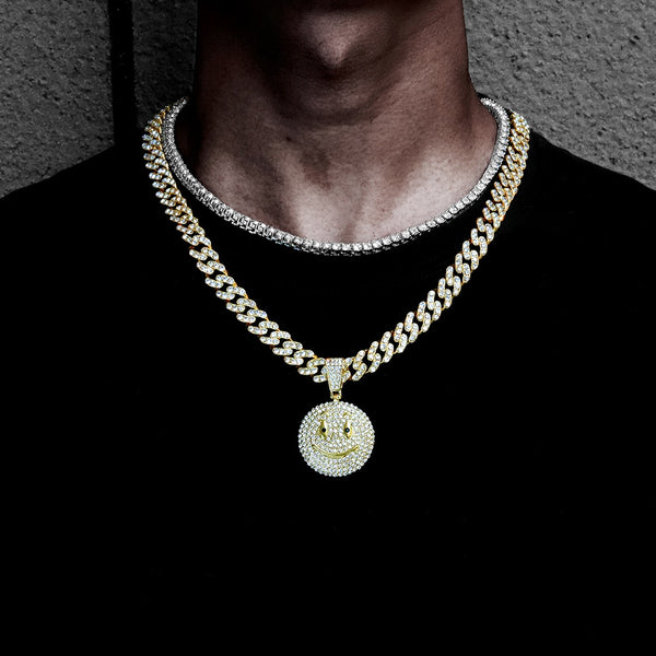 Collar con colgante de cara sonriente de hip hop para hombre con cadena de tenis de circonita de 4 mm