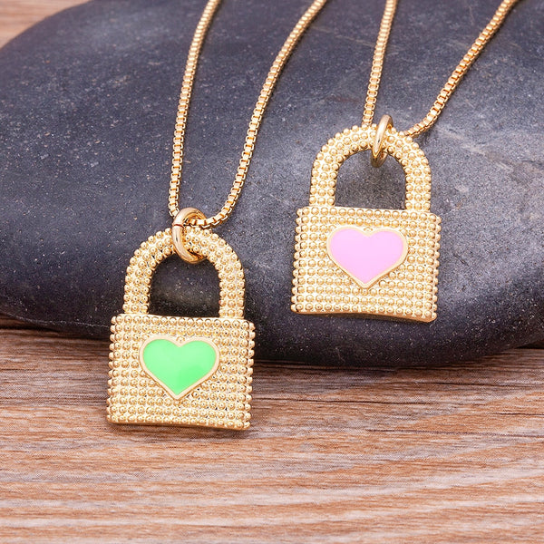 Collar de cadena con colgante de candado de moda para mujer con circonita cúbica en 4 colores