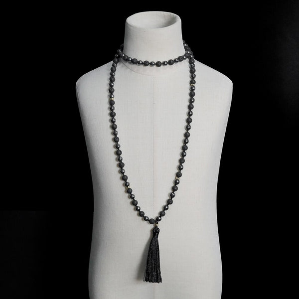 Magnetite &amp; Black Lava Knotted Necklace 108 Mala Beaded