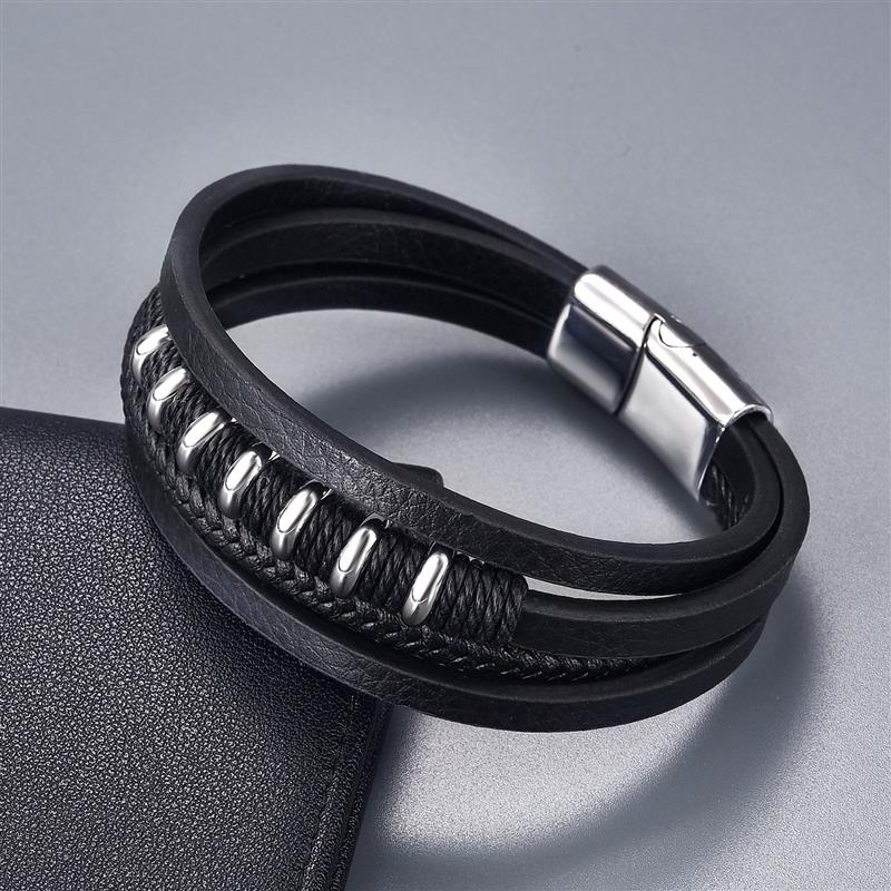 New Winding Stainless Steel Men Genuine Leather Bracelet