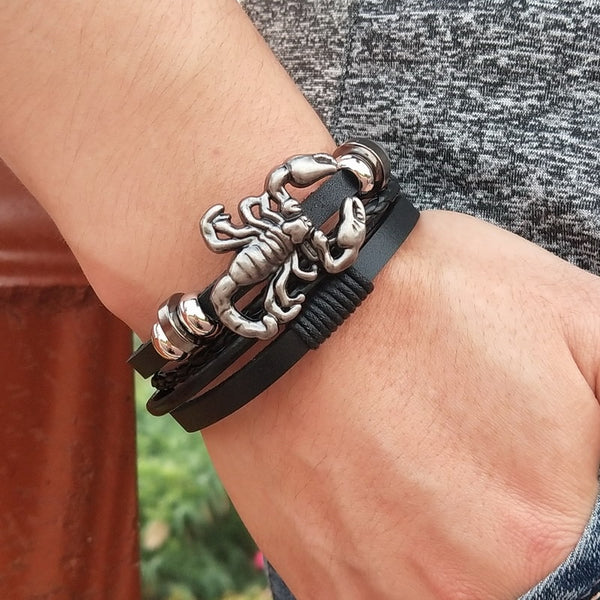 Pulseras de cuero de moda para hombres y mujeres, pulseras de cuerda trenzada multicapa negras.