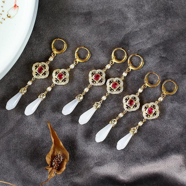 Natural Hetian White Magnolia Flower Hollow Diamond Earrings