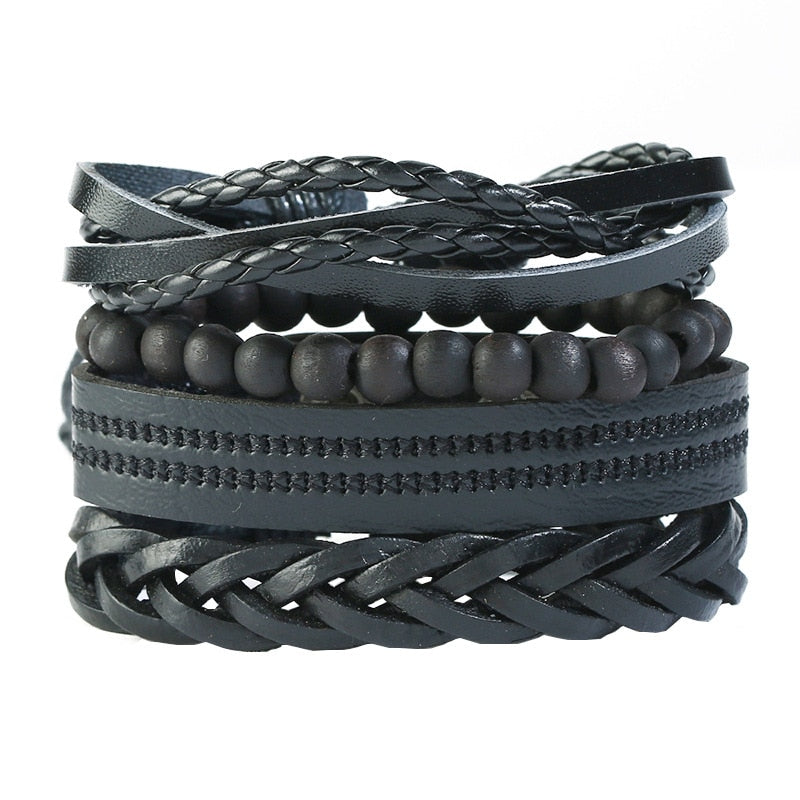 4pcs/ set Adjustable Leather Bracelets for Men Braided Black Brown Bangle