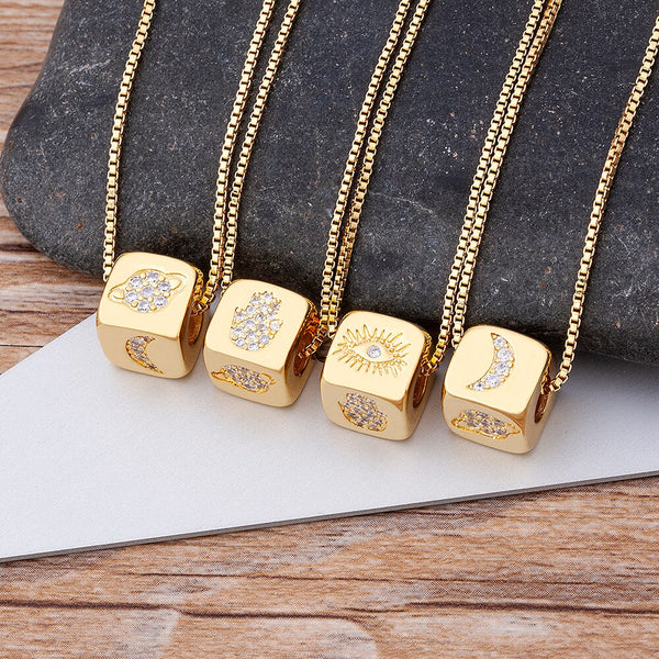 Nuevo diseño, bonito colgante de cubo con ojo malvado, collar de cadena de cobre y circonita dorada para mujer